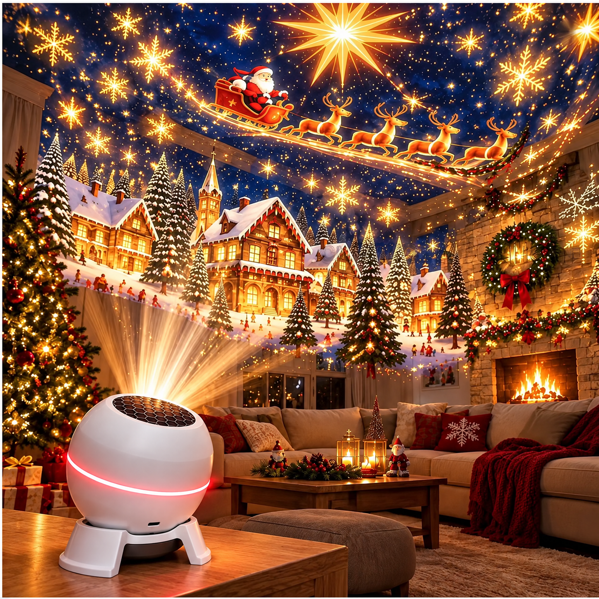 Illustrative Christmas projector room scene