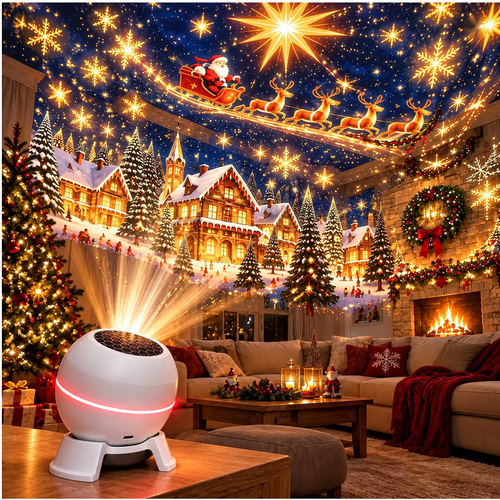Illustrative Christmas projector room scene